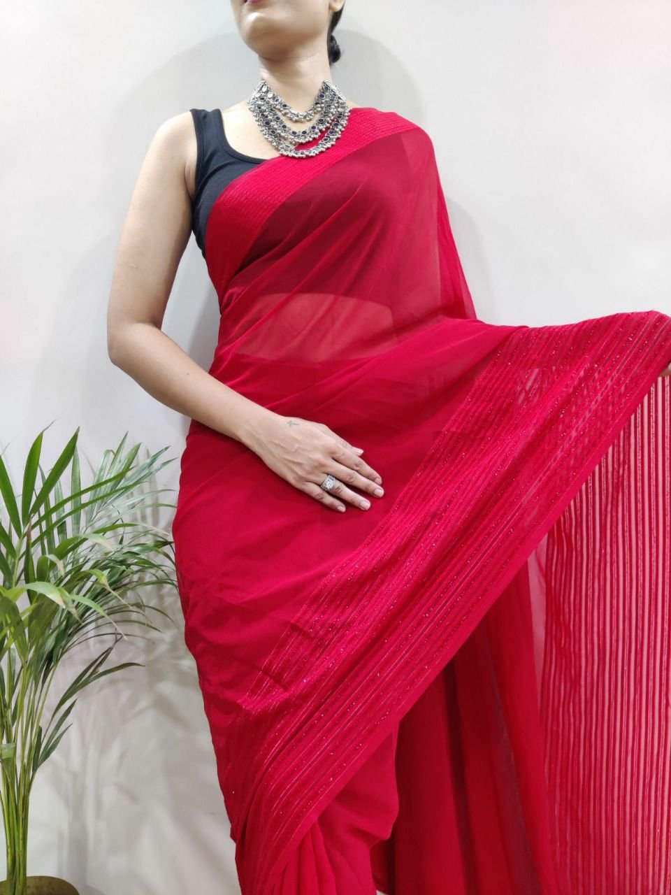 Dark Red Shimmer Chiffon Saree with Zari Border - Monastoor- Indian  ethnical dress collections with more than 1500+ fashionable indian  traditional dresses and ethnical jewelleries.