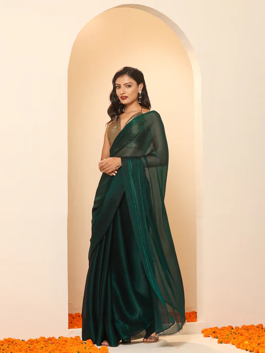 Grey colored Readymade Satin Saree with Patch and Designer Belt